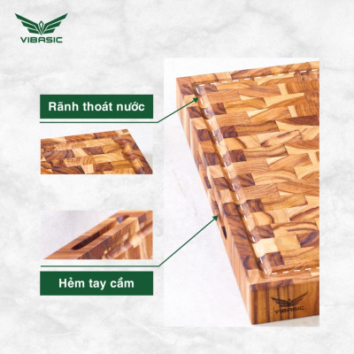 Thớt Chặt Gỗ Teak Vibasic ghép dựng block, kích thước thước 350x350x38mm - Hàng chính hãng Bộ Quốc Phòng