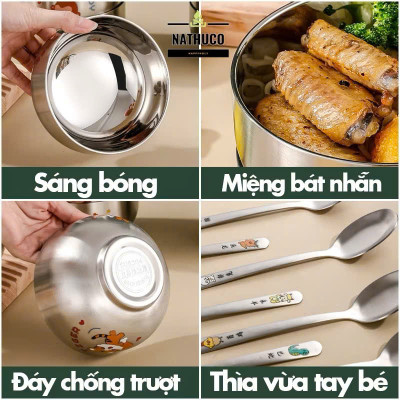Bát Inox Kèm Thìa Chống Nóng Dày Dặn Cho Bé Ăn Dặm In Hình Con Vật Ngộ Nghĩnh - HÀNG CHÍNH HÃNG MINIIN