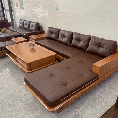 Bộ ghế gỗ sồi nệm da Tundo dày 15 cm kích thước 3m x 2m x 80 cm