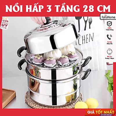 Nồi Hấp Inox 3 Tầng Siêu To Nồi Hấp Bánh Bao Bánh Flan Hấp Thức Ăn 28CM Dùng Cho Cả Bếp Từ Và Bếp Ga Tặng Kèm Xửng Hấp