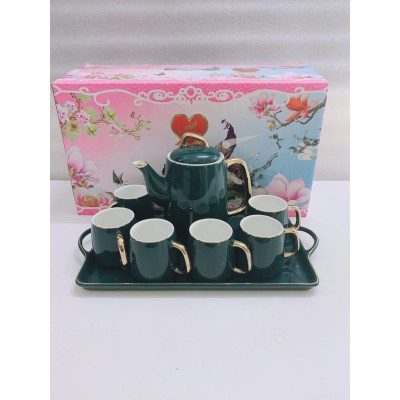 Bộ ấm chén èm khay sứ pha trà xanh trơn