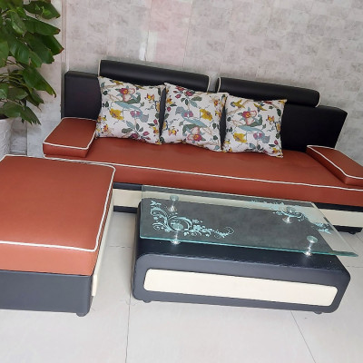Bộ sofa văng Juno Sofa 2m2 kèm đôn 60 x 80 cm và tặng bàn Kính (màu cam) 