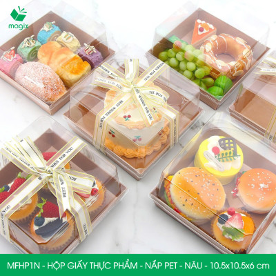 MFHP1N - 10.5x10.5x6 cm - 100 hộp giấy kraft thực phẩm màu nâu nắp Pet, hộp giấy vuông đựng thức ăn, hộp bánh nắp trong