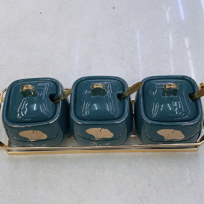 BỘ GIA VỊ SỨ CAO CẤP MÀU XANH CỔ VỊT KHUNG KIM LOẠI MẠ VÀNG