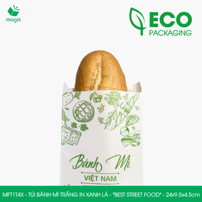 MFT1T4X - 24x9.5x4.5 cm - 500 Túi bánh mì Trắng, in sẵn họa tiết BEST STREET FOOD - Bao bánh mì Túi giấy thực phẩm an toàn
