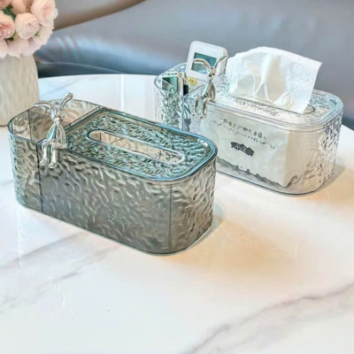 Hộp Đựng Khăn Giấy Vân Kim Cương Trong Suốt Tích Hợp Khay Đựng Đồ Đa Năng Charm Thỏ Sang Trọng - HÀNG CHÍNH HÃNG MINIIN