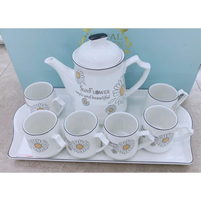 Bộ ấm chén kèm khay pha trà trắng họa tiết hoa cúc họa mi xinh xắn