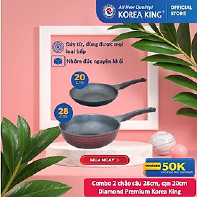 Combo 2 chảo sâu, cạn Diamond Premium Korea King(1 Chảo cạn 20cm và 1 Chảo sâu 28cm)-Hàng chính hãng