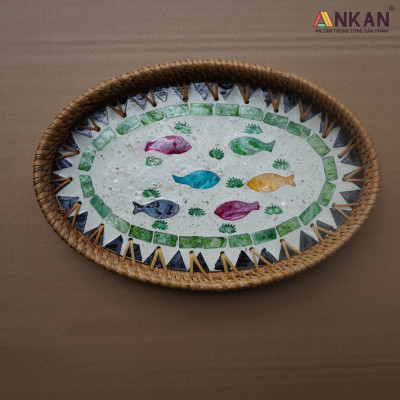 Khay Mây Khảm Trai Hình Bầu Dục Đựng Bánh Kẹo, Trái Cây, Khay Trang Trí Decor Nhà Cửa, Sản Phẩm Thủ Công Từ Mây Tự Nhiên