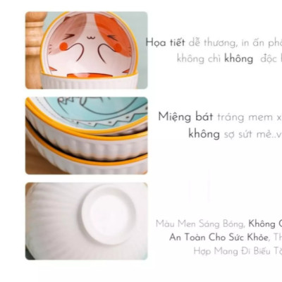 Bộ 6 chén  ăn cao cấp bằng sứ decor hoạt hình dễ thương tặng kèm 6 đôi đũa (có túi xách) - Hàng chính hãng