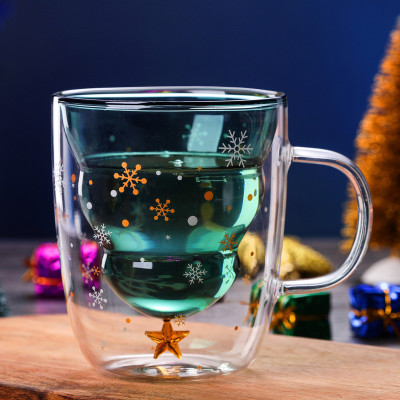 Ly thủy tinh giáng sinh chịu nhiệt Borosilicate 2 lớp có tay cầm kiểu dáng cây noel