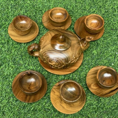 Bộ bình trà ( ấm chén ) bằng gỗ bách xanh tự nhiên 