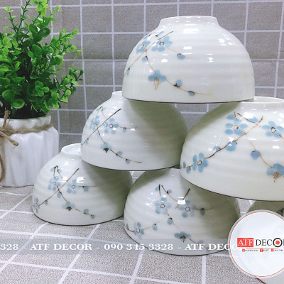 Bộ 10 bát cơm men kem Bát Tràng cao cấp vẽ đào xanh