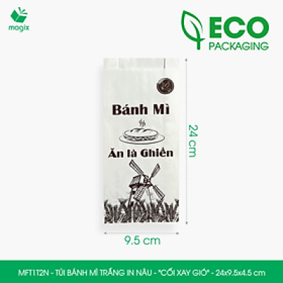 MFT1T2N - 24x9.5x4.5 cm - 200 Túi bánh mì Trắng, in sẵn họa tiết CỐI XAY GIÓ - Bao bánh mì Túi giấy thực phẩm an toàn