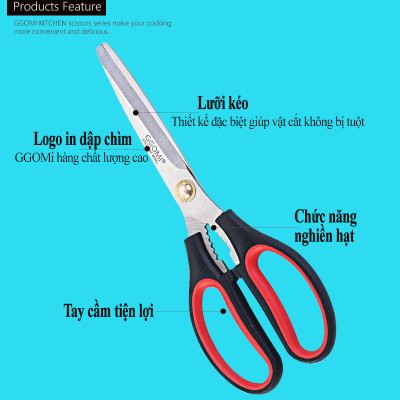 [Hàng Chính Hãng] Kéo cắt thịt nhà bếp dài 25cm, lưỡi dài 14cm thép không gỉ, đỏ đen sang trọng GGOMi Hàn Quốc GG131