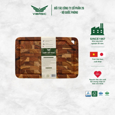 Thớt gỗ Teak Vibasic ghép dựng block, kích thước 300x200x25mm có lỗ treo - Hàng chính hãng Bộ Quốc Phòng