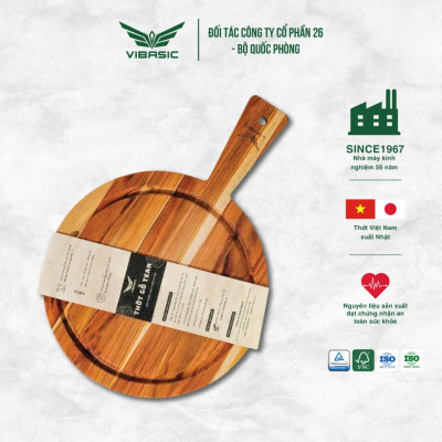 Thớt Gỗ Teak kháng khuẩn Vibasic hình tròn có tay cầm kích thước 25x1.8cm - Hàng chính hãng Bộ Quốc Phòng