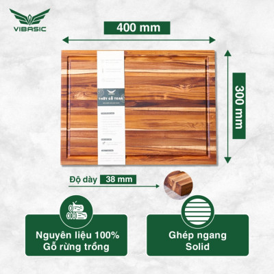 Thớt gỗ Teak Vibasic có khay đựng đồ, kích thước 40x30x3.8cm thái chặt băm đa năng - Hàng chính hãng Bộ Quốc Phòng sản xuất