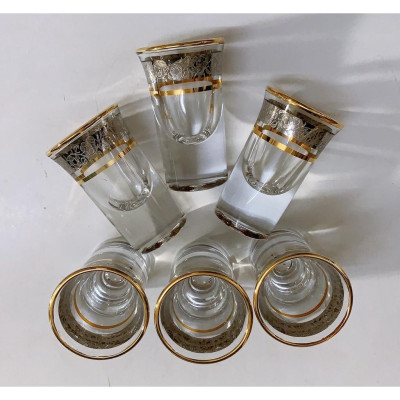 Bộ 6 ly thuỷ tinh uống rượu khảm bạc cao cấp miệng loe, viền vàng