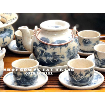 Bộ ấm trà Bát Tràng men rạn giả cổ dáng vung lõm