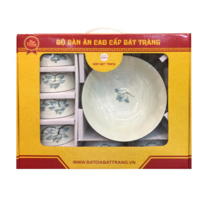 Bộ bàn ăn 12 sản phẩm Bát Tràng vẽ sen cao cấp