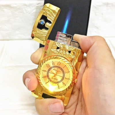 Vỏ Hột Quẹt Bật Lửa Gas Khò Kiêm Đồng Hồ Đèn Led 7 Màu Hình Nổi Độc Lạ Màu Vàng - Dùng Gas Cao Cấp