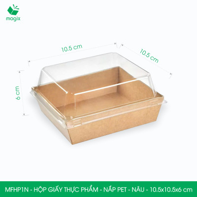 MFHP1N - 10.5x10.5x6 cm - 100 hộp giấy kraft thực phẩm màu nâu nắp Pet, hộp giấy vuông đựng thức ăn, hộp bánh nắp trong