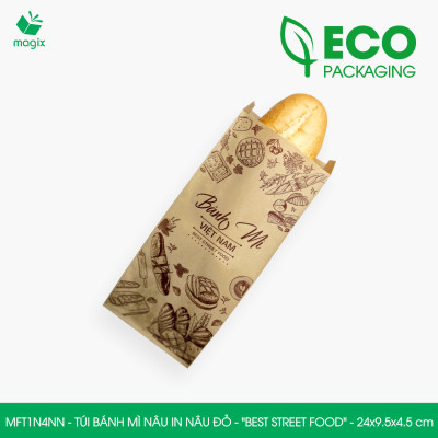 MFT1N4NN - 24x9.5x4.5 cm - 500 Túi bánh mì Nâu, in sẵn họa tiết BEST STREET FOOD - Bao bánh mì Túi giấy thực phẩm an toàn