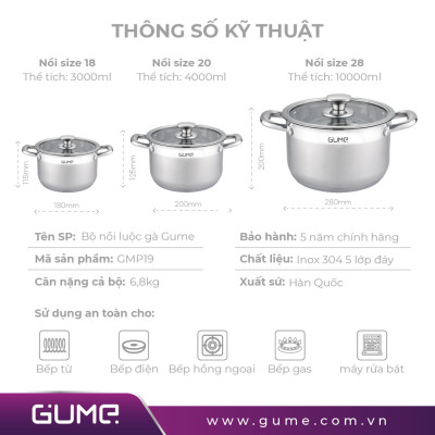 Bộ 3 Nồi GUME GMP19 Hàn Quốc- Bảo hành 5 năm hàng chính hãng