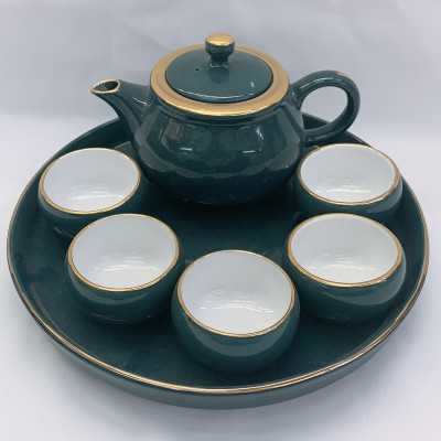 BỘ ẤM CHÉN PHA TRÀ TRUYỀN THỐNG  KÈM KHAY SỨ TRÒN MEN BÓNG - ANTH685