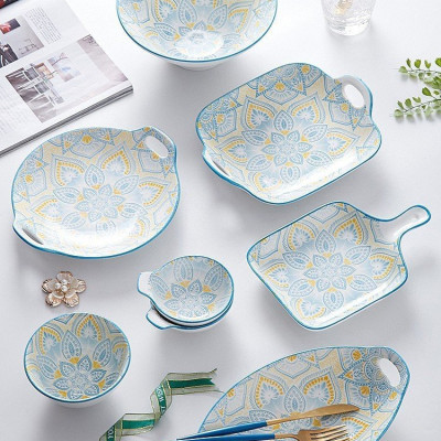 Bộ Bát Đĩa Thương Hiệu GosuTráng Men Cao Cấp Họa Tiết Thổ Cẩm Ấn Xanh Bắt Mắt, Chịu Nhiệt Cao