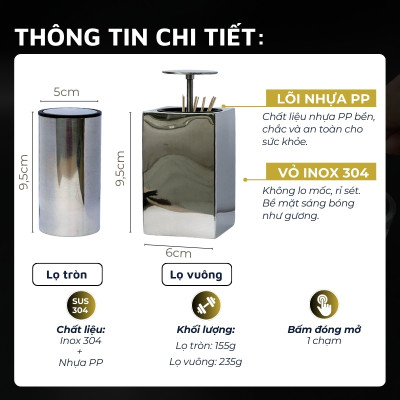 Lọ đựng tăm inox 304 DandiHome nắp bấm đóng mở hoàn toàn kín