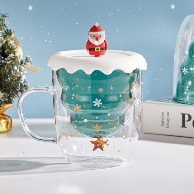 Ly thủy tinh giáng sinh chịu nhiệt Borosilicate 2 lớp có tay cầm kiểu dáng cây noel