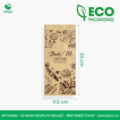 MFT1N4NN - 24x9.5x4.5 cm - 200 Túi bánh mì Nâu, in sẵn họa tiết BEST STREET FOOD - Bao bánh mì Túi giấy thực phẩm an toàn