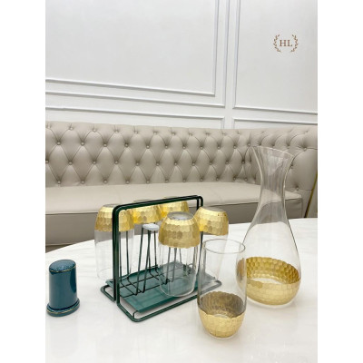 Bộ bình cốc thủy tinh mạ vàng phong cách Scandinavia | Bộ bình cốc thủy tinh chịu nhiệt borosilicate vân tổ ong