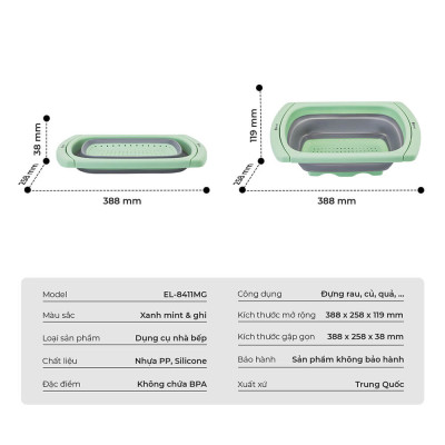 Rổ Gấp Gọn Kê Bồn Rửa Bát Elmich EL8411, Hàng Chính Hãng, Tay Cầm Điều Chỉnh, Nhanh Ráo Nước - JoyMall