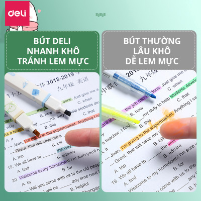 Bút highlight nhấn dòng macaron kèm sticker dạ quang Deli - hộp 6 chiếc - S742