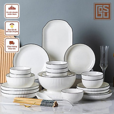 Bộ Bát Đĩa Sứ Gosu Cao Cấp Trắng Viền Đen Men Sáng Mịn