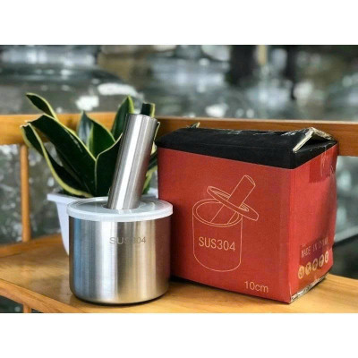 Cối chày inox 304  cao cấp đúc nguyên khối - Kèm nắp đậy , dùng giã hành tỏi, ớt, cua  , dày dặn, không bám mùi, dễ vệ sinh - Size 10cm