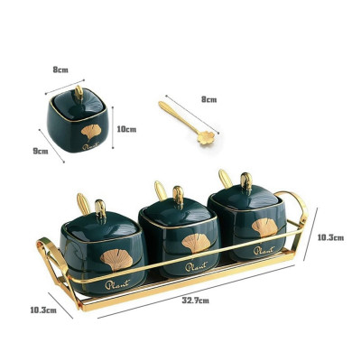 BỘ GIA VỊ SỨ CAO CẤP MÀU XANH CỔ VỊT KHUNG KIM LOẠI MẠ VÀNG