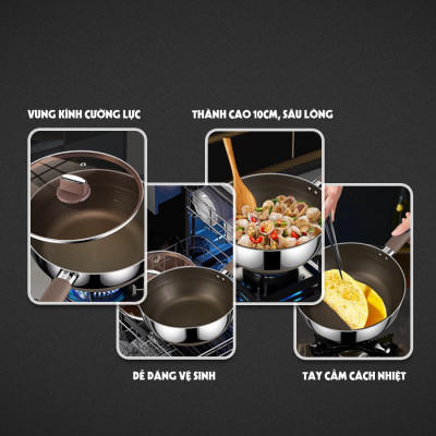 Chảo Inox 316 liền khối 7 lớp phủ chống dính Nano Titanium Shield Kalpen size 20cm,24cm,26cm,28cm đáy từ - Hàng chính hãng