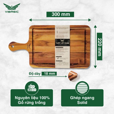 Thớt gỗ teak có tay cầm kháng khuẩn tự nhiên, bám dính tốt không mùn dăm 30x22x1.8cm cắt thái đa năng - chính hãng bộ quốc phòng sản xuất