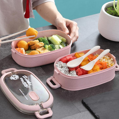 Hộp Đựng Cơm Văn Phòng Lúa Mạch 2 Tầng Tặng Kèm Đũa, Muỗng, Nĩa - HENRYSA