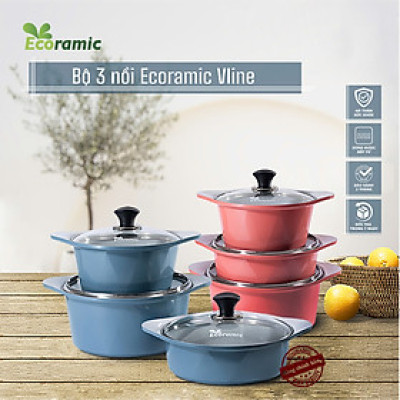 [CHÍNH HÃNG] Bộ 3 Nồi Vân Đá Ecoramic Chống Dính Đáy Từ – Đúc Nguyên Khối – Phủ Nano Ceramic – Dùng Cho Mọi Loại Bếp – Tặng Nhấc Nồi Silicon