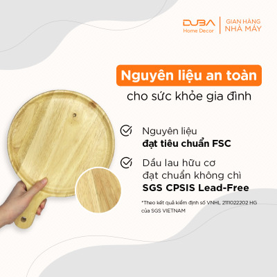 Khay gỗ cao su decor, thớt gỗ trang trí hình tròn có tay cầm màu tự nhiên đạt chuẩn xuất khẩu - DUBA