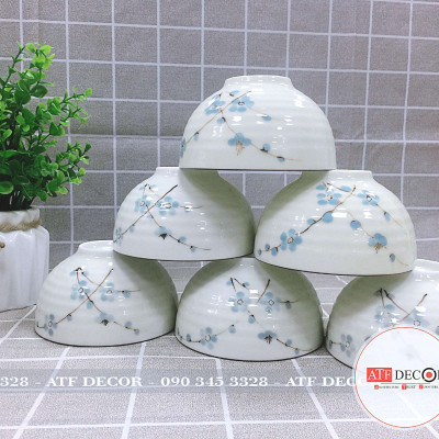 Bộ 10 bát cơm men kem Bát Tràng cao cấp vẽ đào xanh