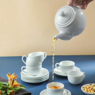 Bộ ấm chén phình thon trắng sứ Long Phương cao cấp
