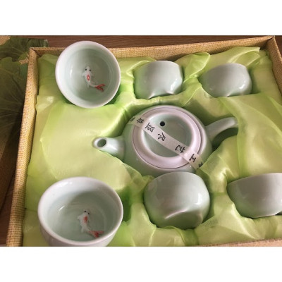 Bộ Ấm chén Ngọc 3D Hình Cá Gồm 1 Ấm và 6 Tách Uống Trà