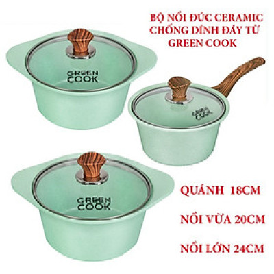 [Dùng Mọi Loại Bếp]Bộ 2 nồi và 1 quánh đúc đáy từ men chống dính ceramic  Greencook màu xanh ngọc và màu hồng ( chọn phân loại) gồm quánh size 18cm, nồi 20 và 24cm- hàng chính hãng