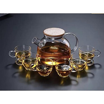 Bộ ấm chén pha trà thủy tinh 1000ml chịu nhiệt nắp gỗ